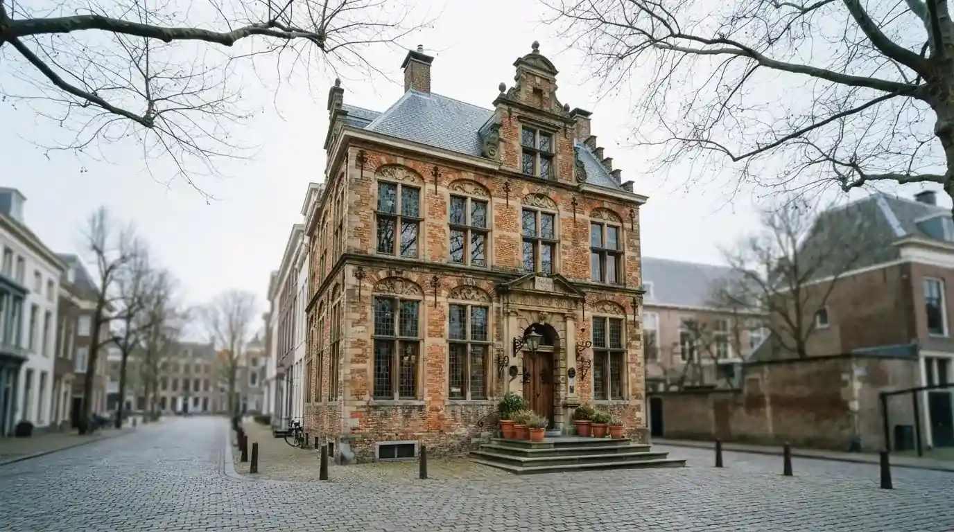 Een oud pand met een sierlijke gevel staat aan een rustige straat onder een bewolkte hemel.